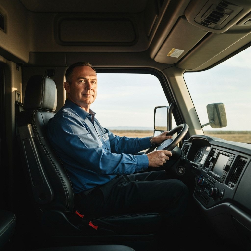 Professional CDL truck driver in modern semi-truck cab - Elite Trucking careers with $100k+ salary